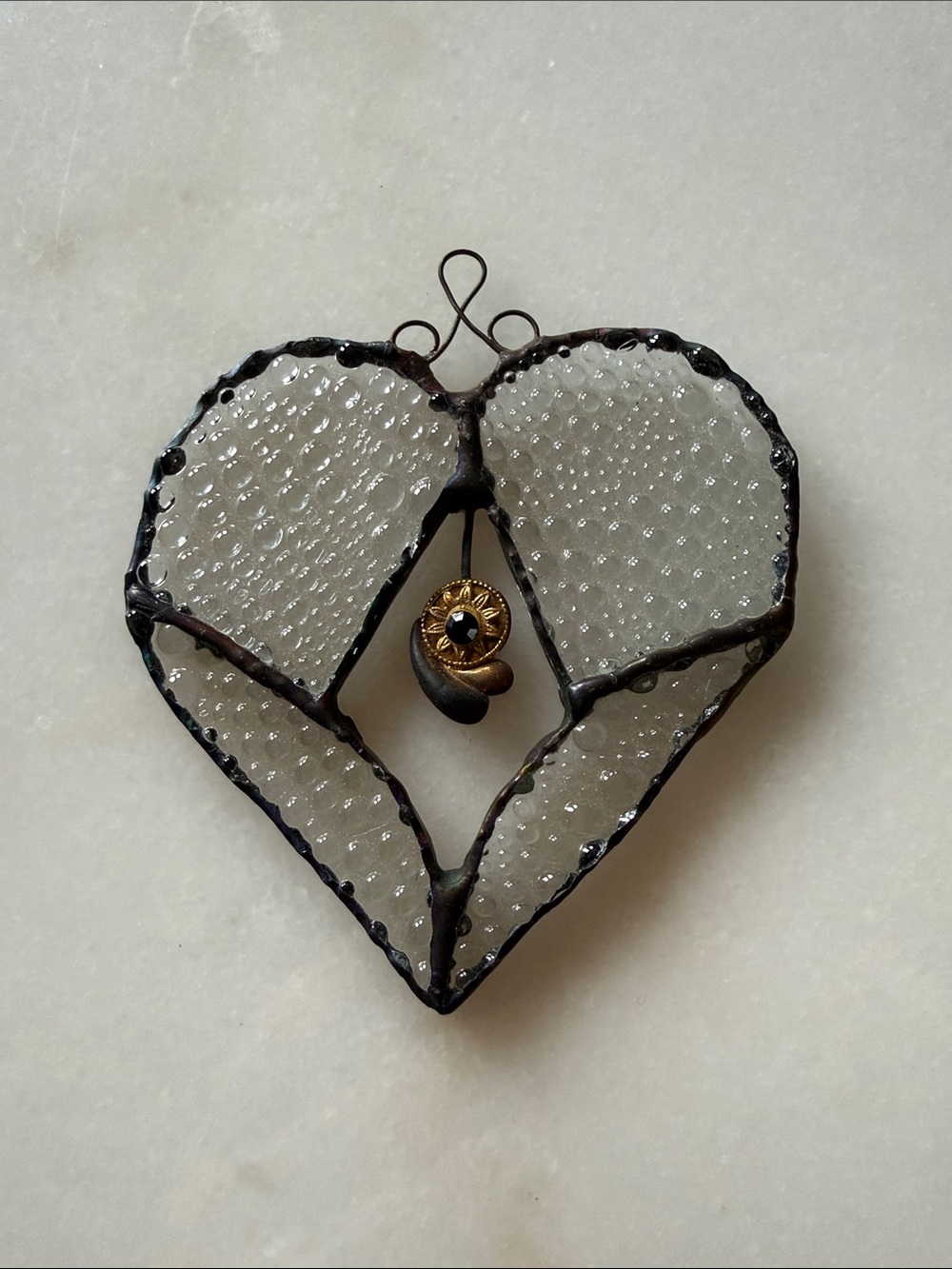 Stained Glass Heart Pendant with Brass Accent